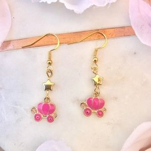 Hot Pink Pumpkin Carriage & Gold Star Dangly Earrings NWT